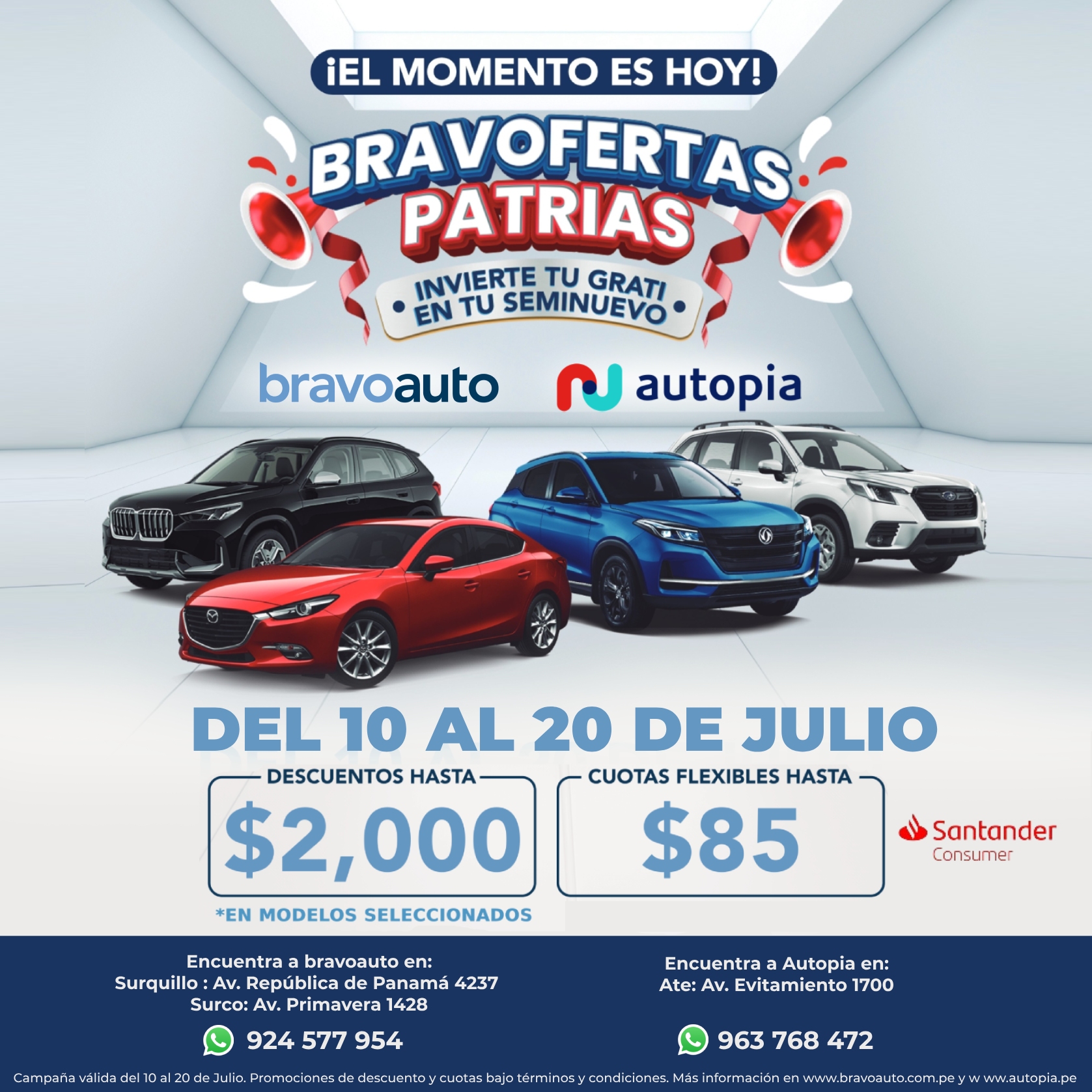 Bravoauto y Autopia lanzan promociones en seminuevos con cuotas desde $85 al mes con Santander